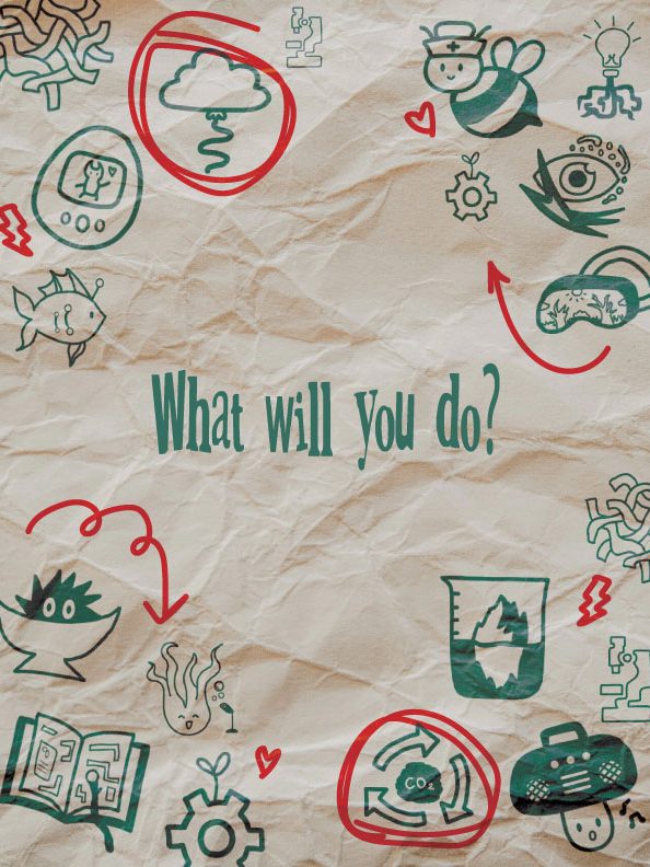 The words "What will you do?" on a paper texture surrounded by illustrations, ranging from a mushroom singing and a bee with a nurse hat.