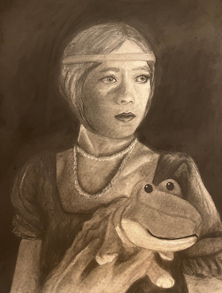 Charcoal portrait of Emily holding a stuffed animal crocodile.