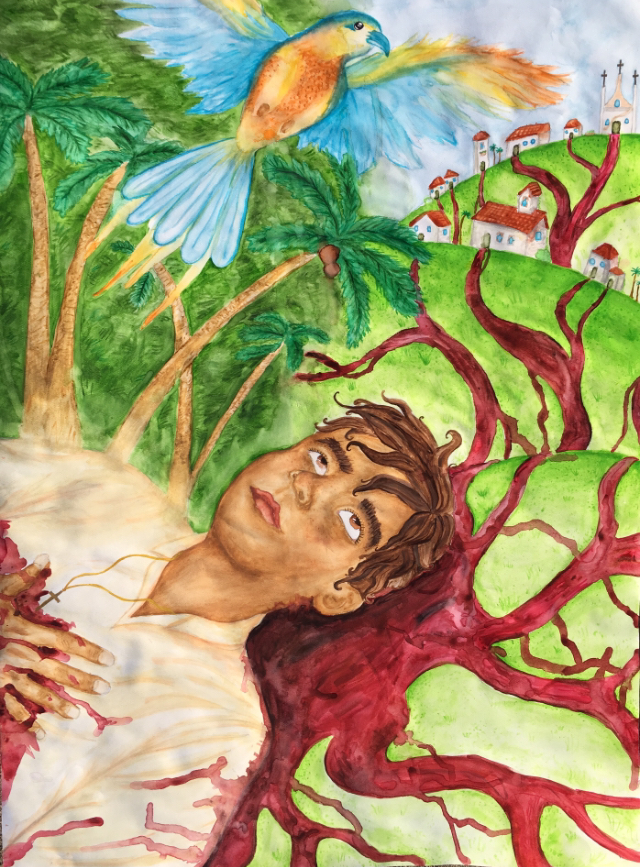 A watercolor illustration of a boy who lays on the ground in a pool of blood that travels to houses while a colorful bird flies above him.